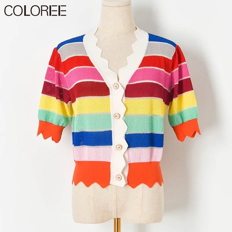 

Женский тонкий трикотажный кардиган в разноцветную полоску, с V-образным вырезом и коротким рукавом, Повседневная летняя одежда в Корейском...