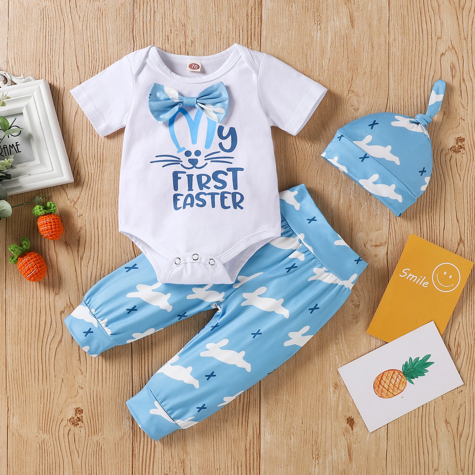 

3 шт., пасхальный комбинезон для новорожденных 0-24 месяцев, боди с коротким рукавом и длинные штаны и шапка с мультяшным принтом кролика