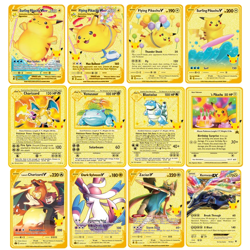 

Pokemon 27 стилей 25th Золотая нержавеющая сталь металлическая английская карточная игра Коллекция аниме-открытки игрушки для детей Рождественский подарок
