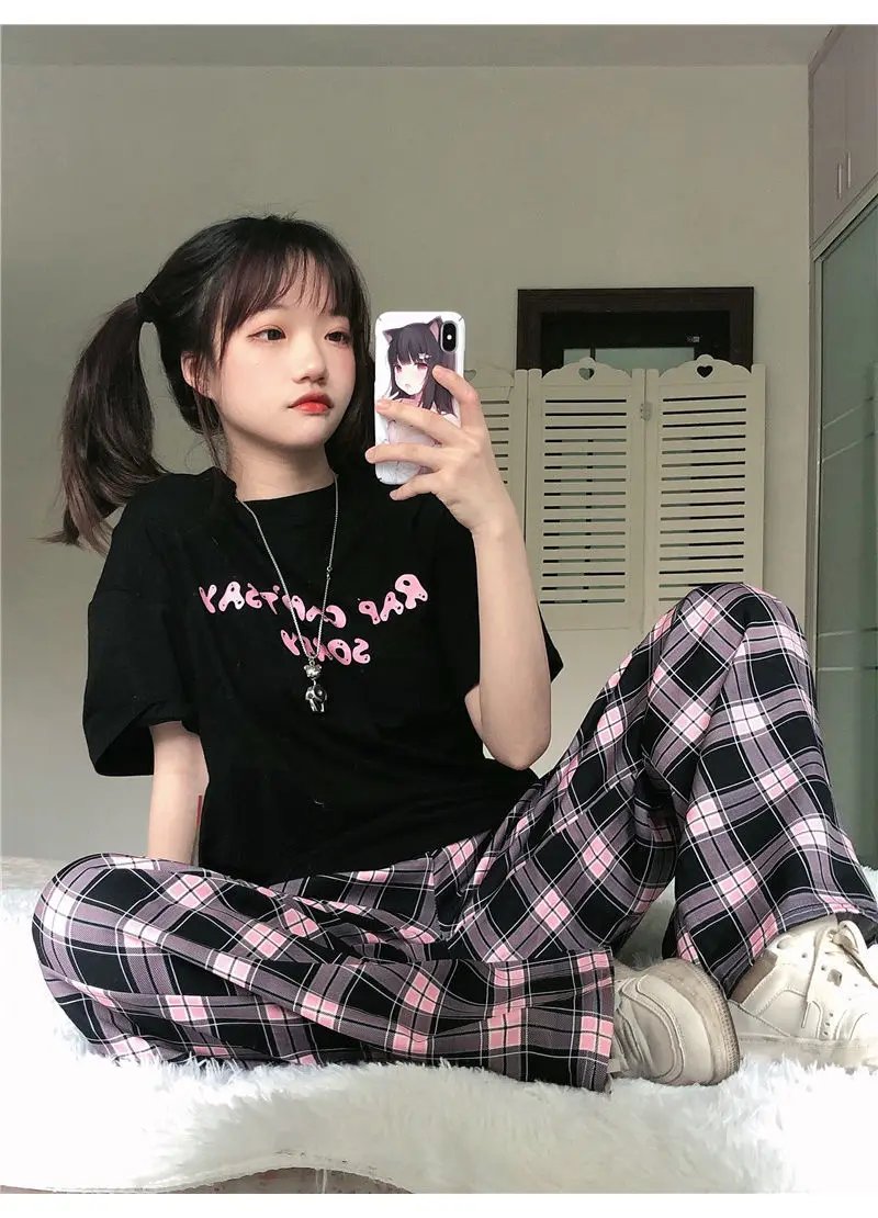 Black and pink Plaid pants Oversize New Women Casual Loose Wide Leg Trousers Ins Retro Teens Straight Hiphop Streetwear | Женская одежда