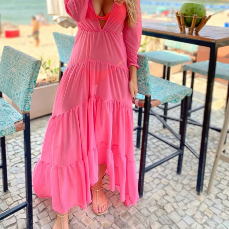 

Summer Beachwear Holiday Long Sundress Woman Solid Loose Ruffle Bathing Deep V Neck Long Sleeve Chiffon See-through Cover-Ups