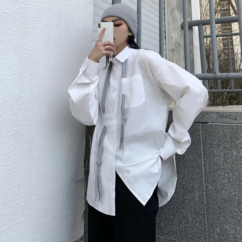 

HARAJPOO Women Blouse Korean Harajuku INS Gothic Street Temperament Draw Rope Loose Thin Shirt Female Casual Long-sleeved Top