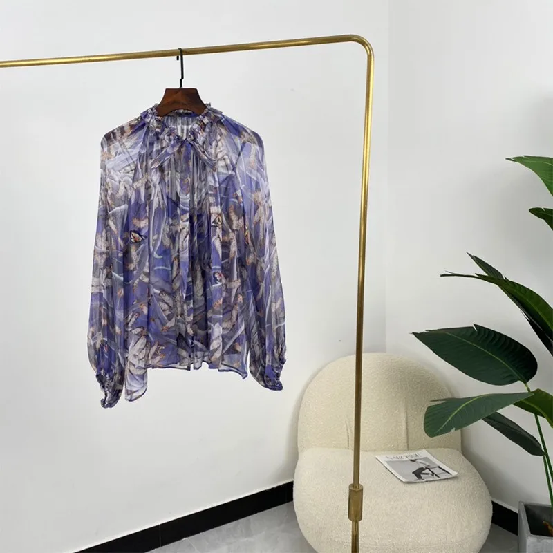 

2021 Summer Fashion Women Blouse Lavender Butterfly Feather Botanical Crop Print Tops 100% Silk High Quality T-shirt