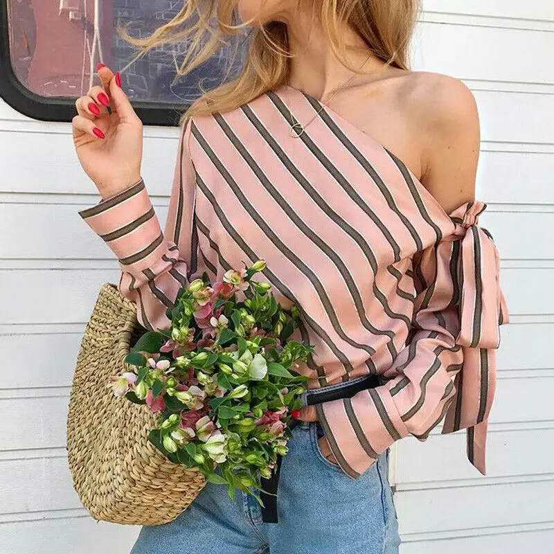 

WomensTops Girls One Shoulder Striped Blouse Bowknot Long Sleeve Shirts Tops Ladies Girls Summer Tops Tee Women Clothing