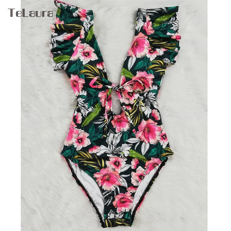 Сексуальный цельный купальник с рюшами женский пуш ап монокини открытой спиной