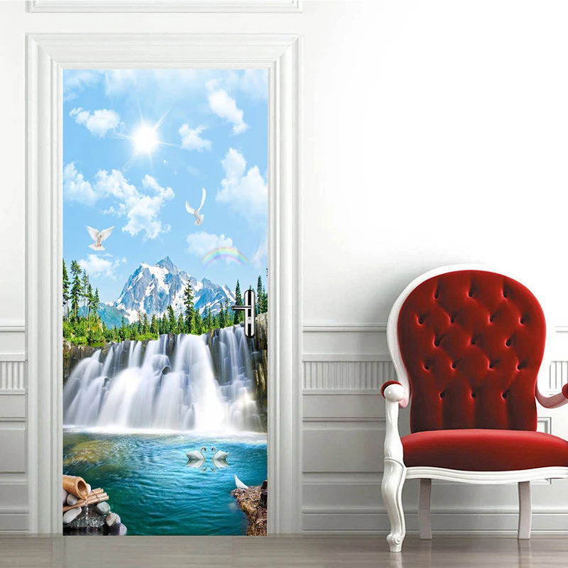 77x200cm 3D Door Wallpaper DIY art For Door self-Adhesive Wall Murals Vinyl Removable Door Decals waterfall Home Decor Stickers