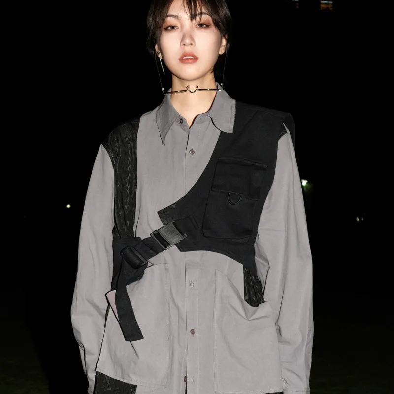 

Fashion Long Sleeve with A Tie-up Women Streetwear Irregular One Shoulder Hip Hop Buckle Halter Long Sleeve Coat Tops Black