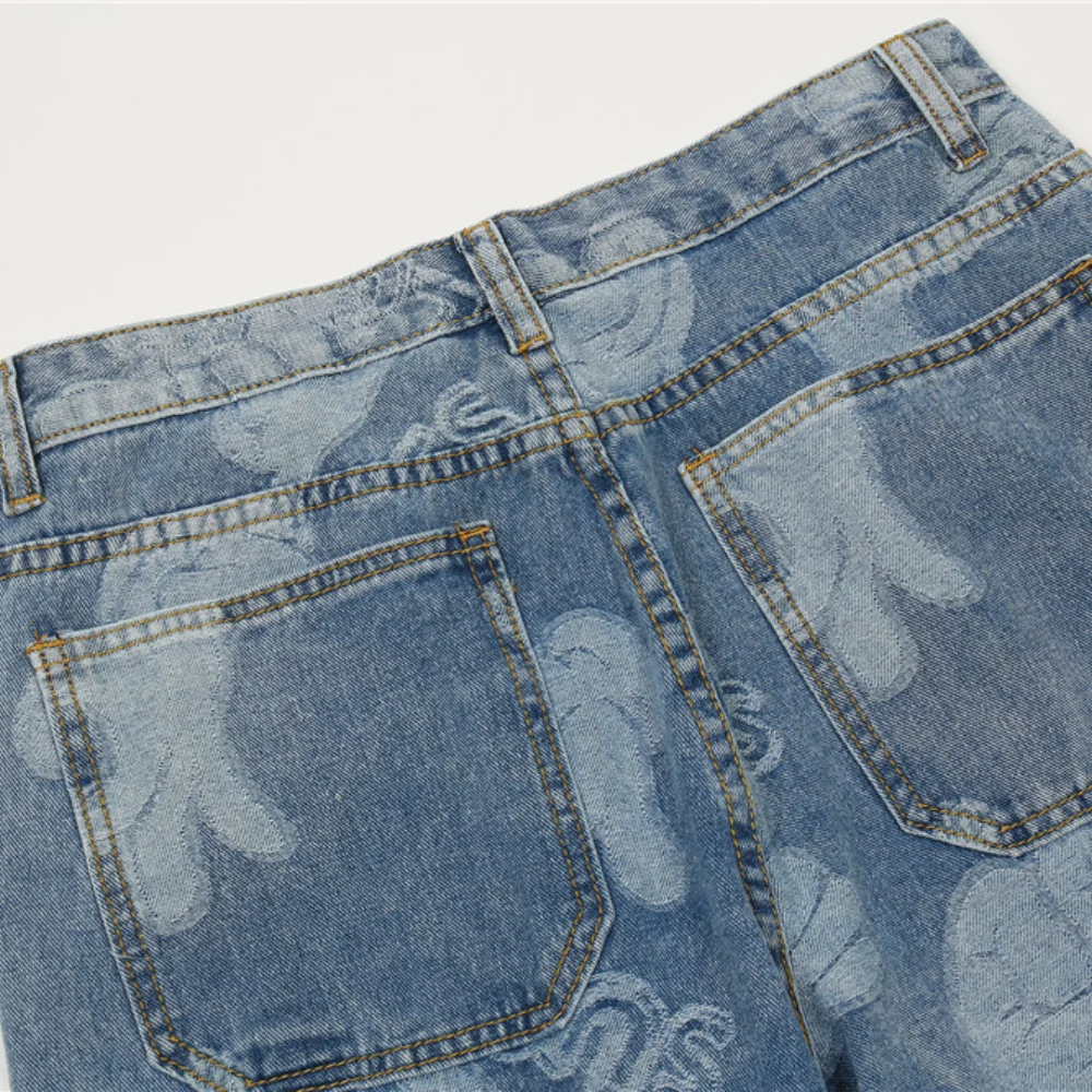 Korean Fashion Palm Jacquard Retro Washed Men Baggy Jeans Trousers Hip Hop Straight Women Wide Denim Pants For Teens Pantalones