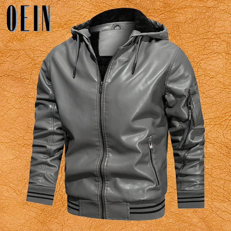 

OEIN мужская кожаная куртка с капюшоном и вышивкой, новинка 2021, модное мотоциклетное пальто, зимняя мужская повседневная Байкерская винтажна...