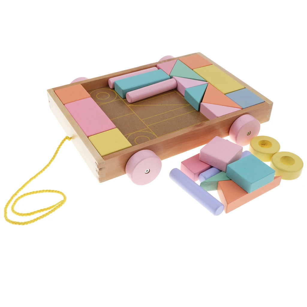 

24 Pieces Multi-Color Wooden Construction Building Blocks W/ Trailer Car