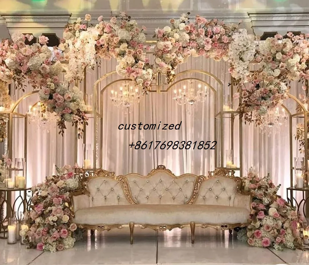

Индивидуальный золотой современный выгнутый свадебный фон и стенды Свадебный декор