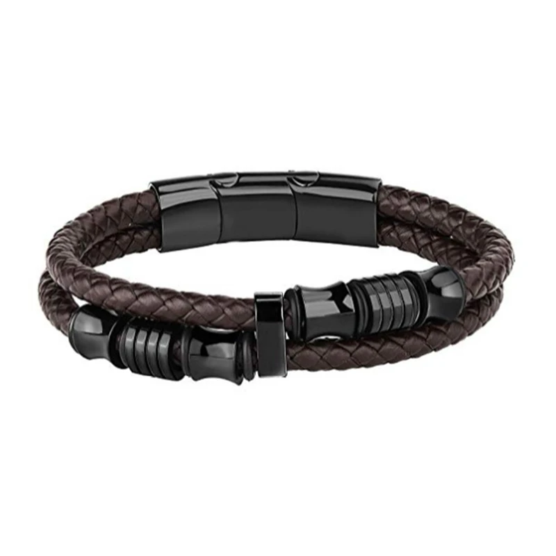 

Hot Sale Black Color Stainless Steel Couples Bracelet Classic Double Layers Genuine Leather Bracelets for Men Women Best Friend