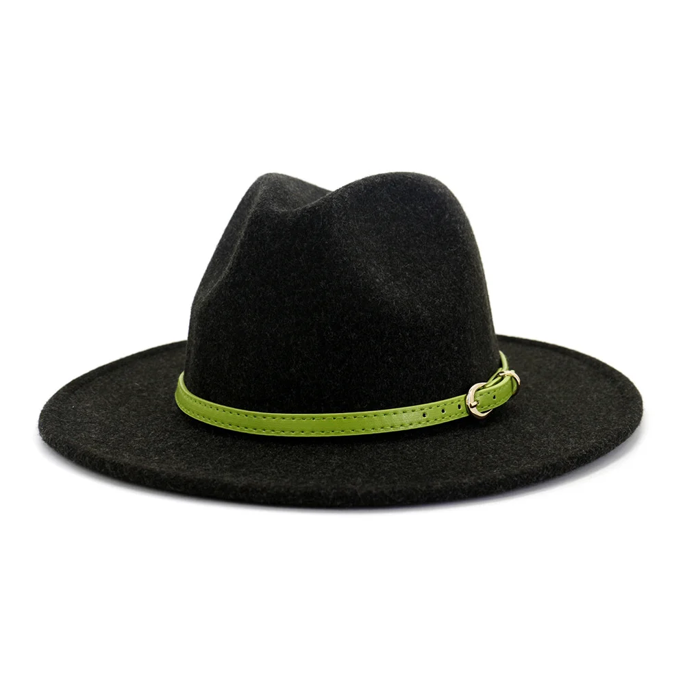

Green Belt Wool Felt Jazz Fedora Hat Women Unisex Wide Brim Panama Party Trilby Cowboy Cap Men Gentleman Wedding Hat