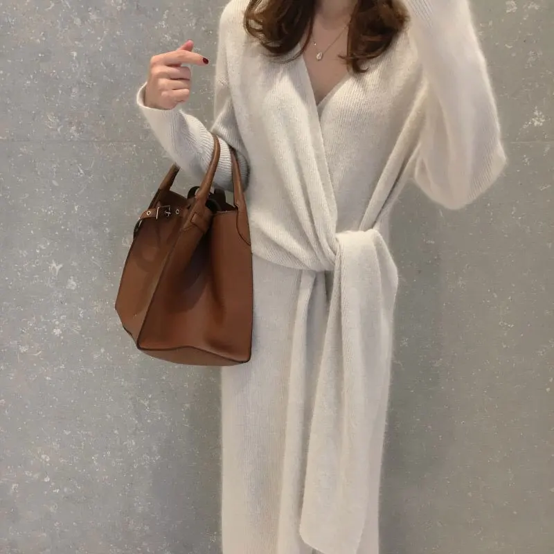 Новинка 2021 корейское кашемировое платье-свитер с поясом женское модное вязаное
