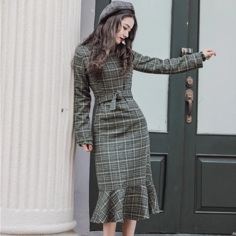 Винтажный элегантный свитер Зеленый Клетчатый твидовый комплект из двух