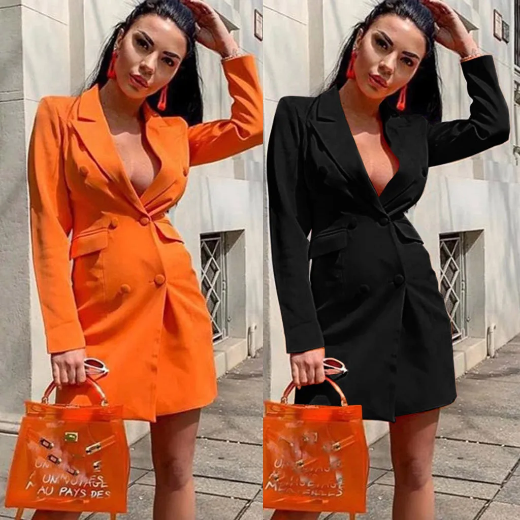 Женское двубортное платье однотонный длинный пиджак в стиле милитари с длинным