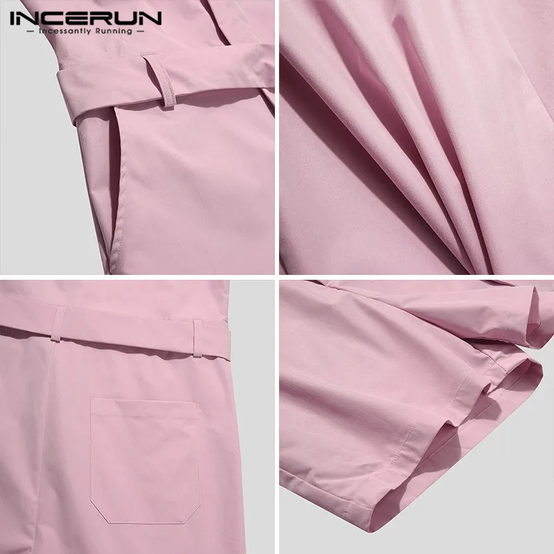 

INCERUN Fashion Men Rompers Solid Color Lapel Short Sleeve Button Casual Jumpsuit Streetwear Summer Cargo Overalls Men With Belt