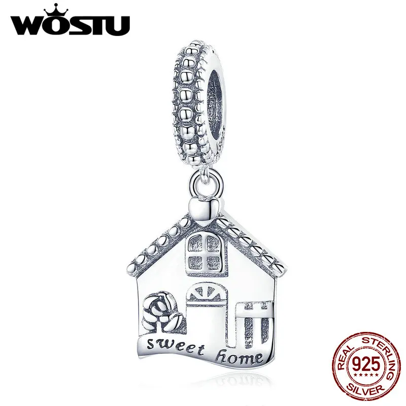 WOSTU настоящий 925 пробы Серебряный сладкий дом Famliy Висячие Подвески подходят бренд DIY браслет ожерелье ювелирные изделия подарок CQC913