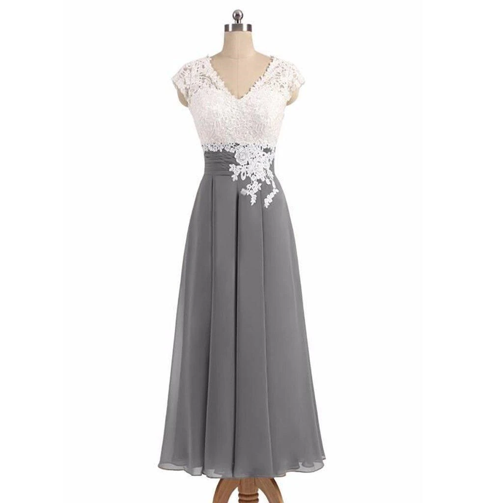 

White Lace and Gray Chiffon Mother of the Bride Dresses Vintage V Neck Cap Sleeve Ankle Length Evening Prom Wedding Party Gowns