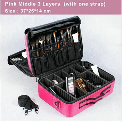 Rose red M 3 Layers Брендовый женский высококачественный профессиональный органайзер для макияжа Bolso Mujer, косметичка, большая емкость, чехол для хранения, многослойный Чехол для костюма - Цвет: Rose red M 3 Layers