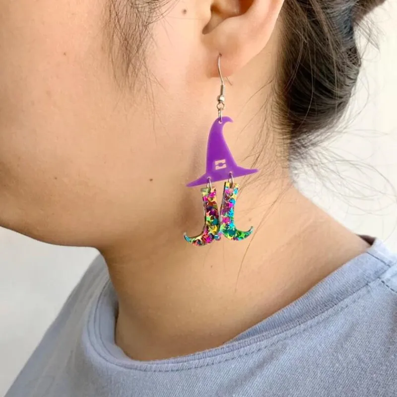 

New Halloween Jewelry Witch Cap Boot Drop Earring for Grils Kids Women Fashion Purple Acrylic Accessories