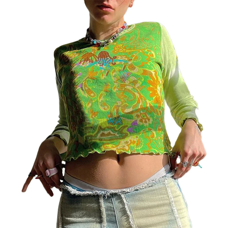 

Hirigin 2021 Women's Y2k Casual Crew Neck Crop Tops Long Sleeve Abstract Print Lettuce Trim Tight T-Shirts for Autumn