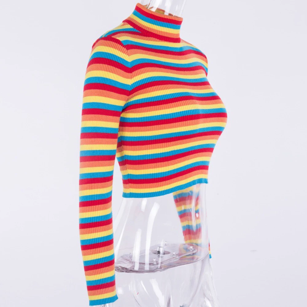 Женский джемпер в радужную полоску облегающие вязаные свитера с высоким