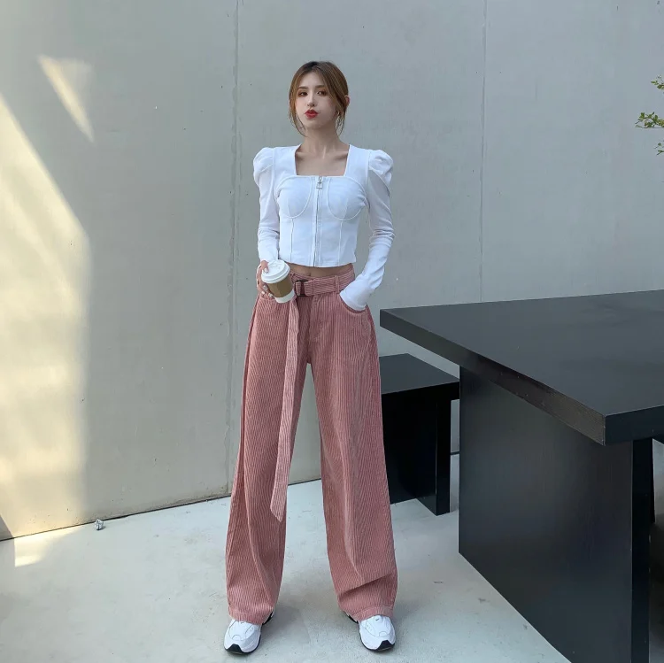 

New Autumn Casual Women Pants High Waist Drape Corduroy Pants Female Vintage Lace Up Casual Trousers Mujer