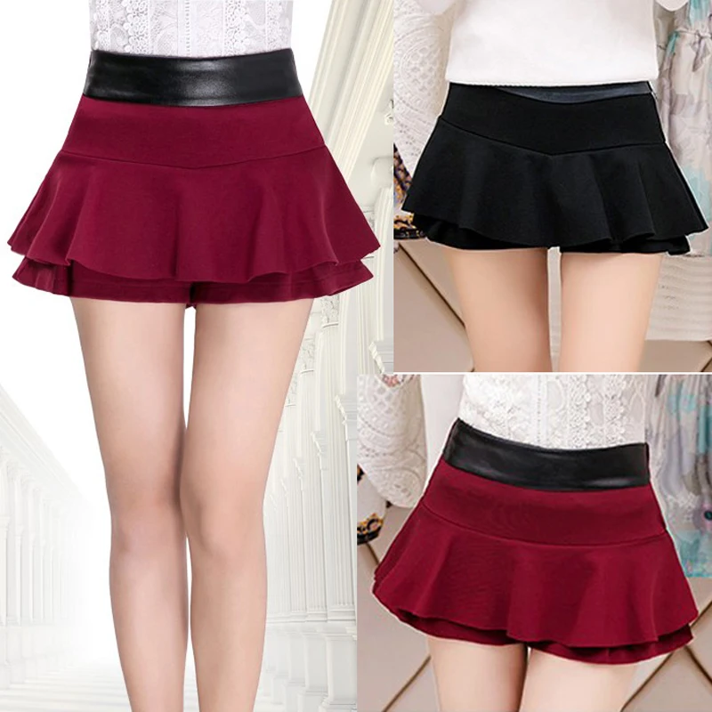 

2020 Solid color PU leather pleated fluffy skirt mini skirt umbrella skirt