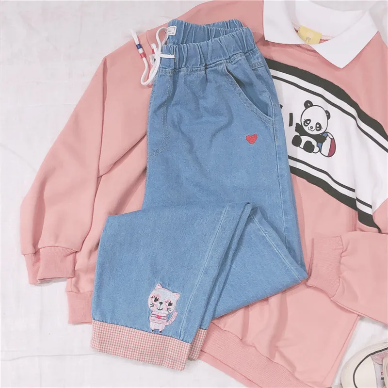 Осенние новые японские Harajuku kawaii Wild свободные джинсы с высокой талией и вышивкой кота женские маленькие свежие штаны для девочек в Корейском стиле