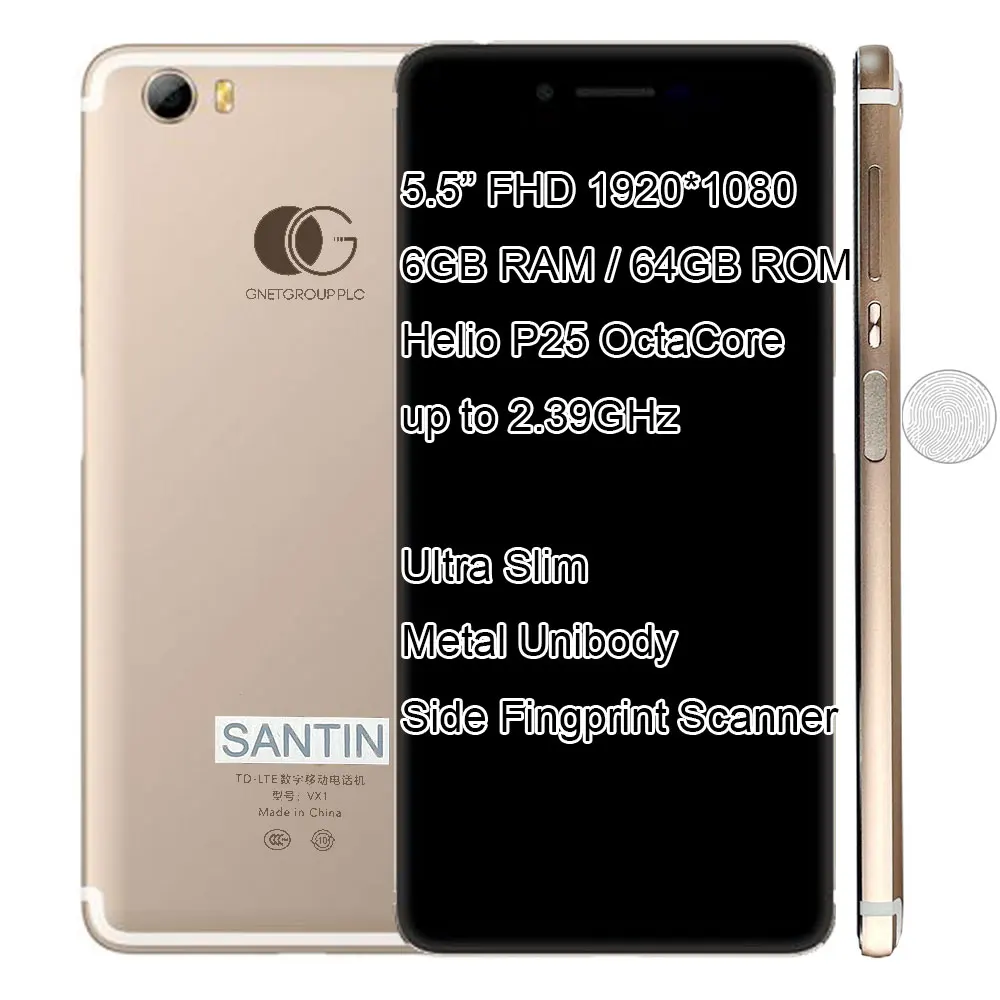 Смартфон SANTIN VX1 6 ГБ ОЗУ 64 Гб ПЗУ металлический корпус ультратонкий helio P25 восемь