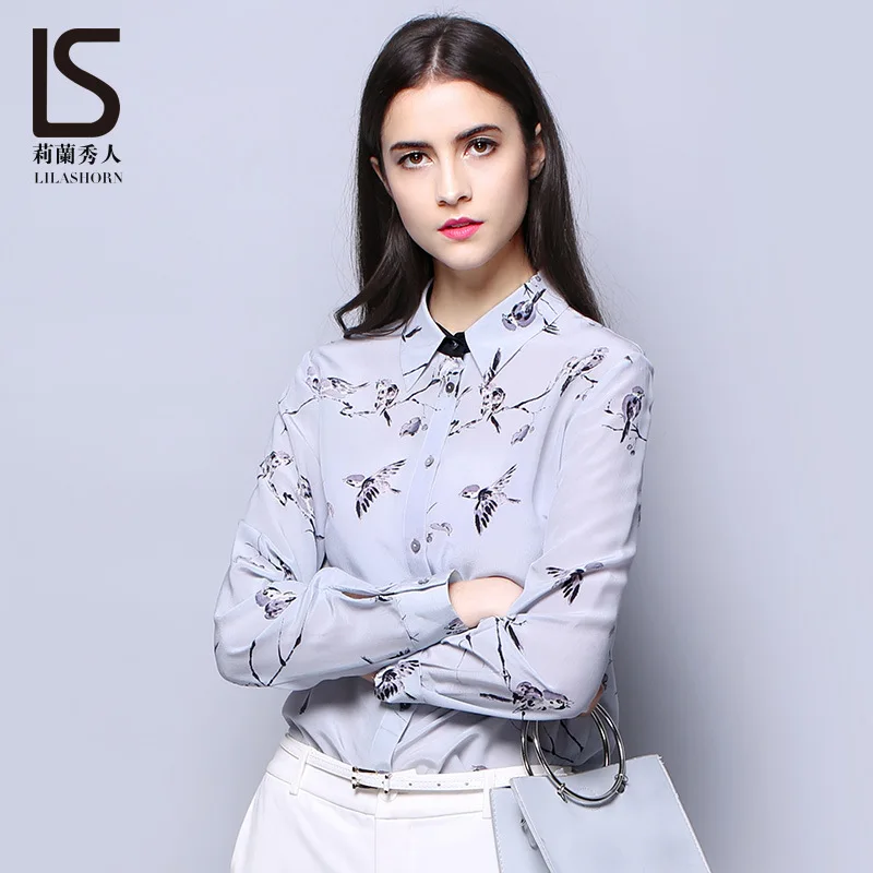 women s blouses and tops silk floral office formal casual shirts plus large size 2019 summer sexy Haut femme grey sparrow print