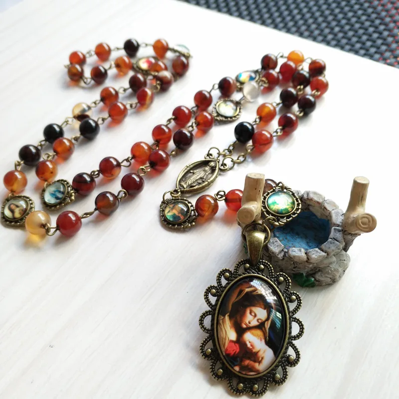 

Rosarios religiosos Vintage Agate Religious Jewelry Wild Catholic Virgin Seven Sorrows Rosary Unisex Necklace Artigos religiosos