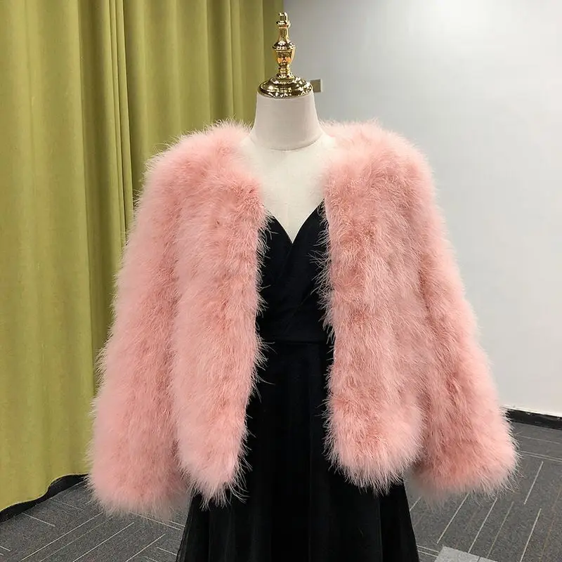 HJQJLJLS 2021 New Women Sexy Pink Ostrich Fur Coat Female Fluffy Gray Turkey Fur Coat Winter Festival Long Sleeve Black Jacket