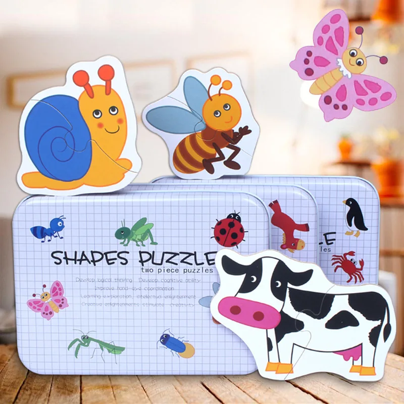 

Early Education Wooden Puzzle Toys Iron Box Storage Large Pieces Jigsaw Puzzle Toy Children Animal Insect Fruit Vegetable Puzzle