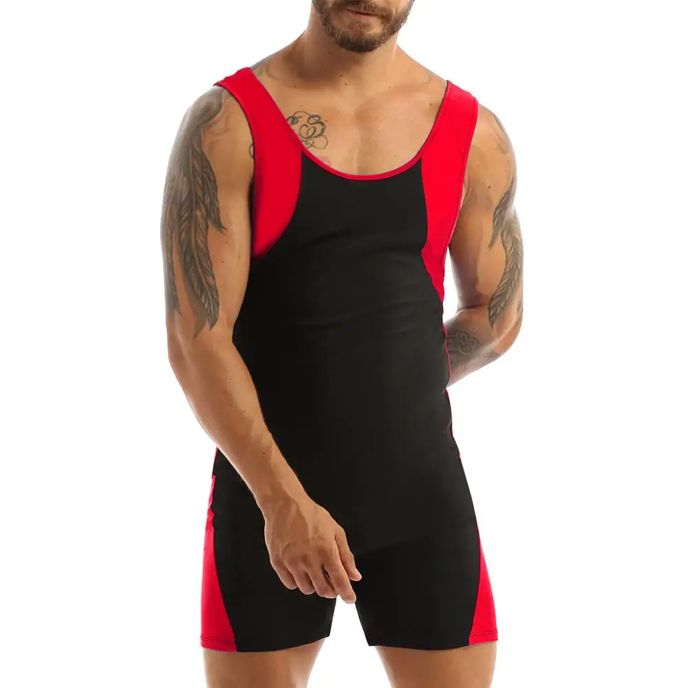 Swimwear Mens Shorty Leotard Bodysuit U Neck Sleeveless Bodybuilding Leotard Training Jumpsuit Gymnatics Sports Running Fitness
