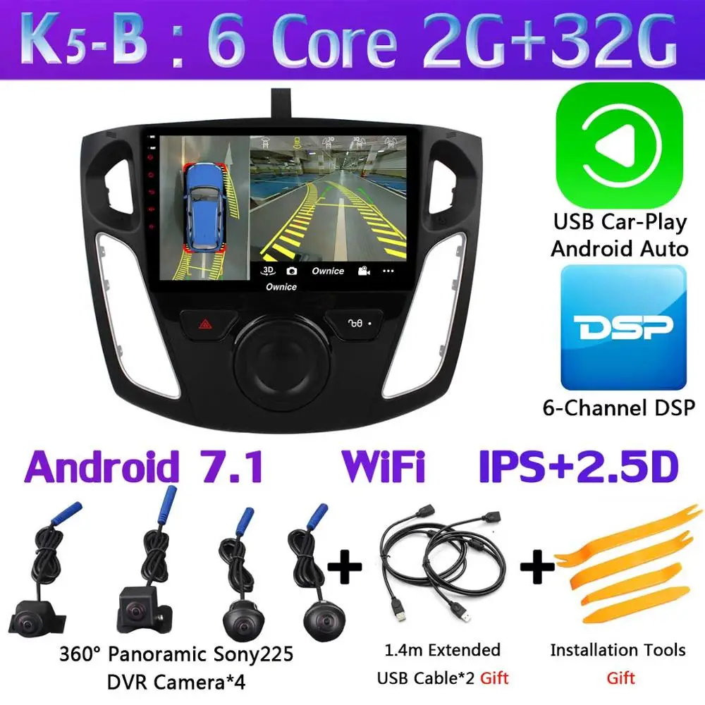 360 ° панорамная камера 4G SIM Android 9,0 4+ 64G gps навигация Радио CarPlay DSP Автомобильный мультимедийный видео плеер для Ford Focus 3 Mk3 - Цвет: K5-B-CarPlay