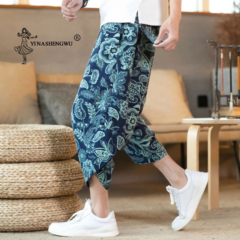 Повседневные эластичные свободные шаровары Ukiyo для отдыха с волнистым принтом