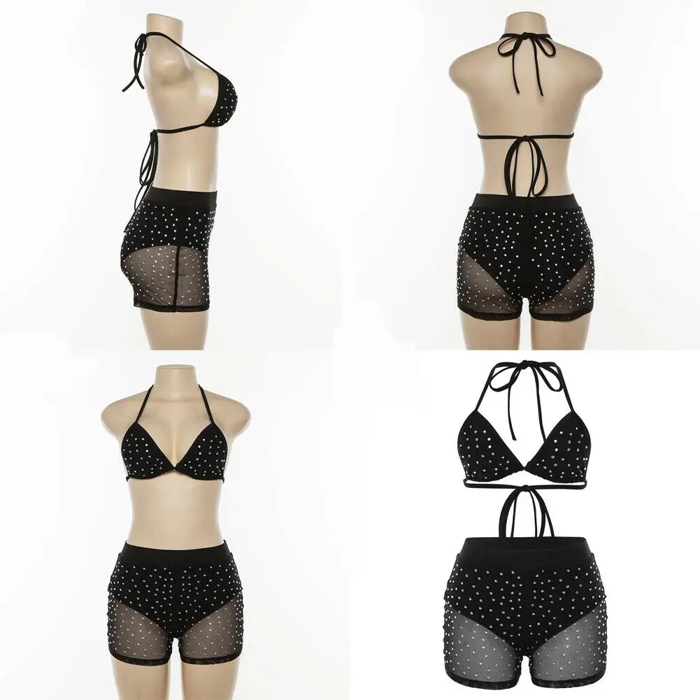 Женский комплект бикини сетчатый прозрачная в крупную сетку с блестками и