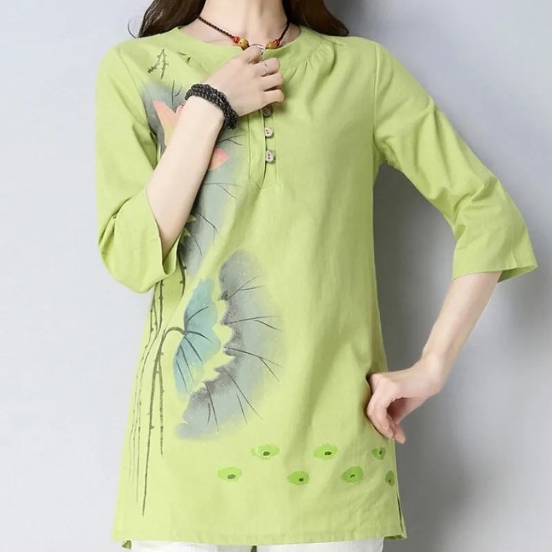 Винтажная женская футболка в китайском стиле костюм Тан футболки из хлопка и