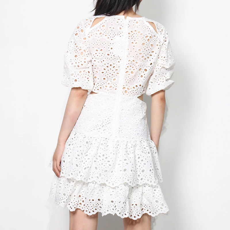 

TWOTWINSTYLE White Hollow Out Dress Female O Neck Short Sleeve High Waist Mini Summer Dresses For Women New Clothing Fashion