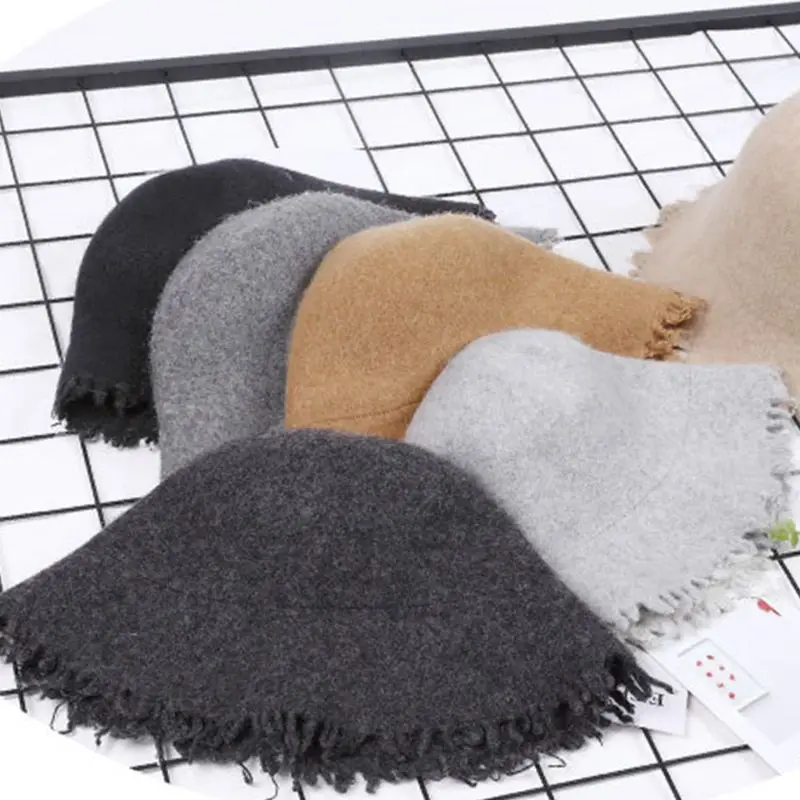 Women Girl Faux Wool Warm Church Floppy Cloche Hat Tassels Wide Brim Bucket Cap