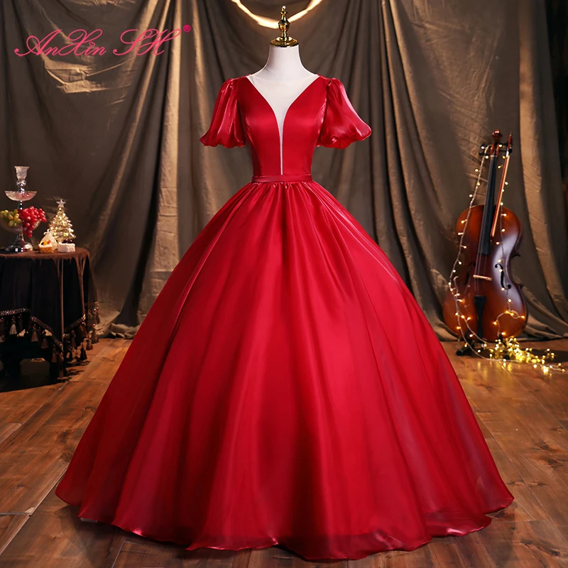 

AnXin SH princess red satin luxury vintage white lace o neck ball gown host party bride short sleeve host evening dress