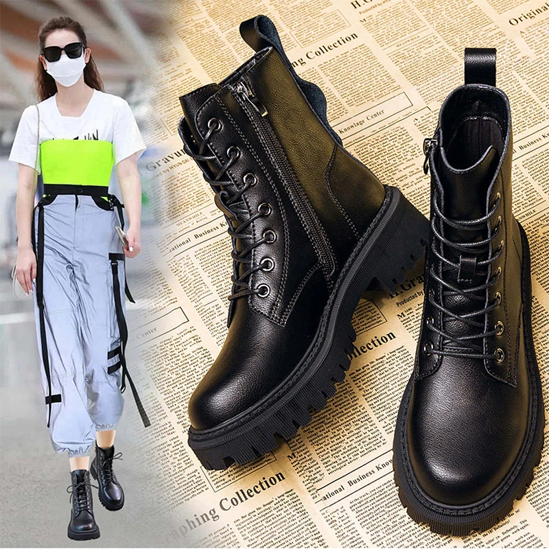 

FOXER Women Boots Ankle Autumn Winter Boot Chelsea Woman Split Cow Leather Platform Bootie Elastic Band Lady Shoes Mid-high Heel