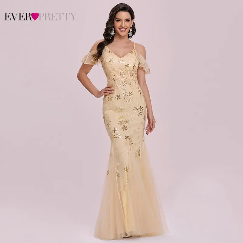 

Long Tulle Prom Dresses Ever Pretty Elegant Mermaid Cold Shoulder Embroidery Sequin Formal Dress Evening Gown Robe Longue Femme