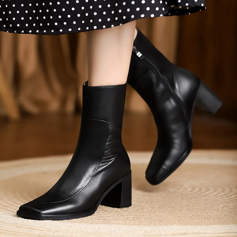 

simple top quality autumn winter boots ladies thick high heels cozy square toe women party shoes real leather ankle boots woman