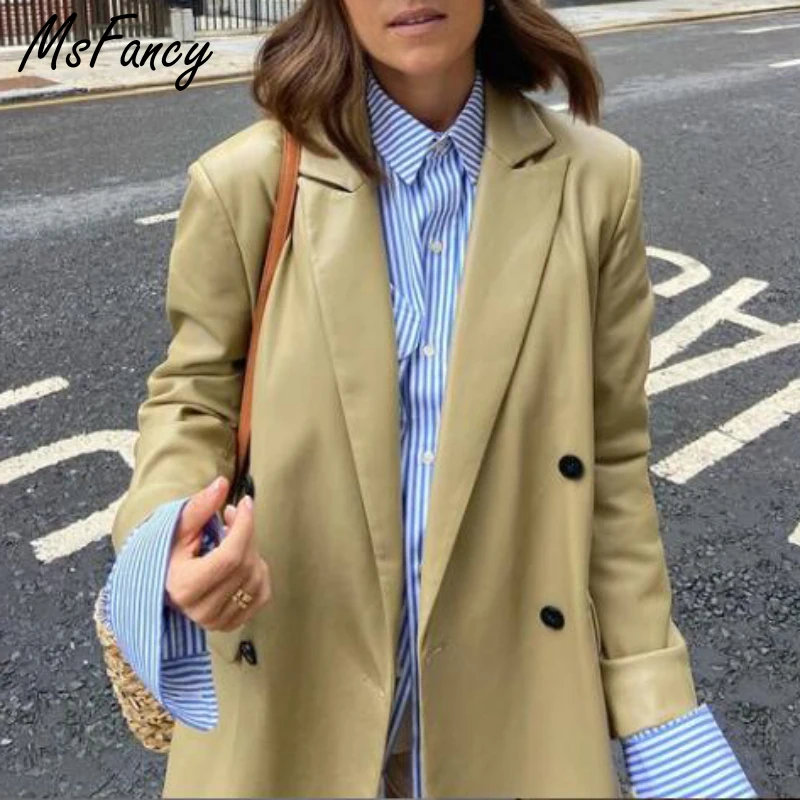 Женский двубортный блейзер из ПУ кожи с длинным рукавом осень 2021 | Женская одежда