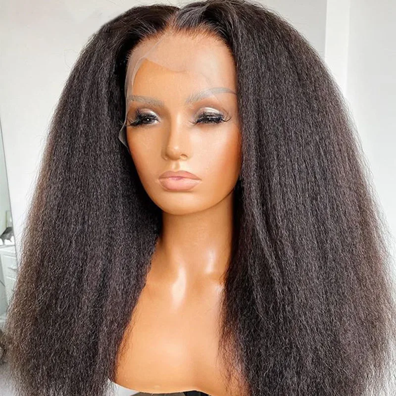 

Yaki 26 Inch Black Color Long Kinky Straight Glueless Transparent Lace Front Wig Synthetic For Fashion Women With Babyhair Daily
