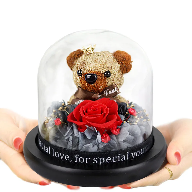 

New Teddy Bear Rose Flowers In Glass Dome Christmas Festival DIY Home Wedding Decor Birthday Mother's Day Valentine's Day Gifts