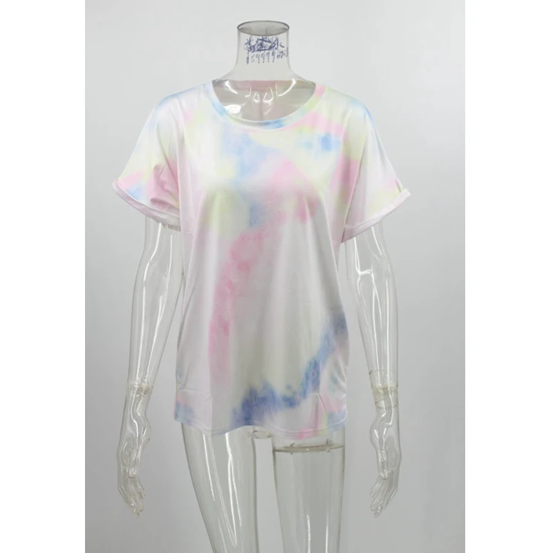 

WEPBEL T-shirt Women's Casual Tie-Dye Printed Loose T-shirt Top Summer Short Sleeve Off-Shoulder O-Neck Pullover T-shirt